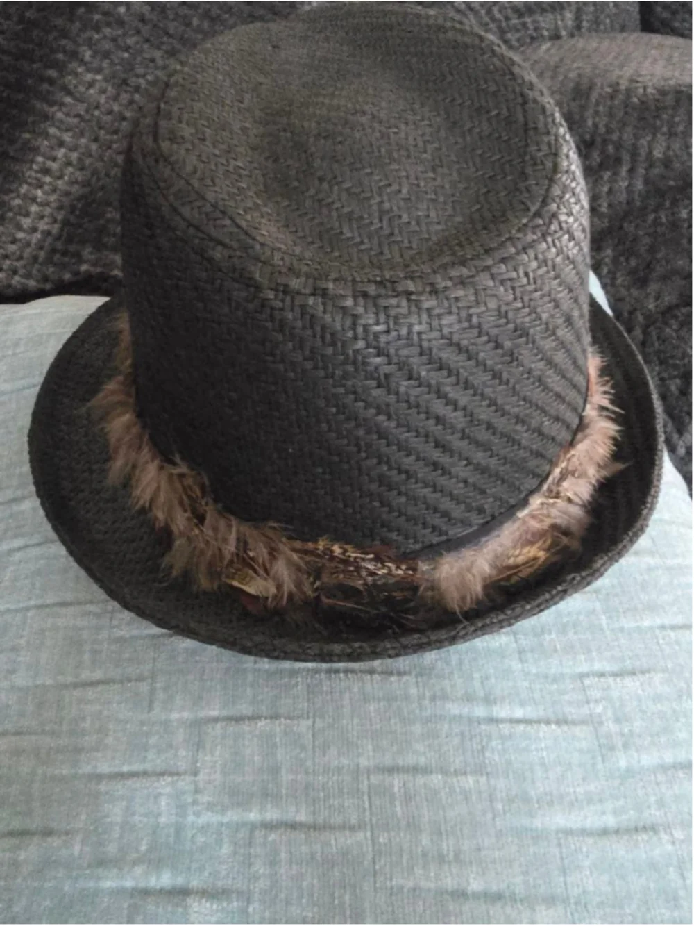 Accessory Collective Woven Charcoal Fedora Hat One Size with Brown Feather Band